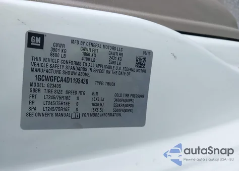 2013 Chevrolet Express 2500 Work Van z USA, uszkodzony, nr VIN 1GCWGFCA4D1193430